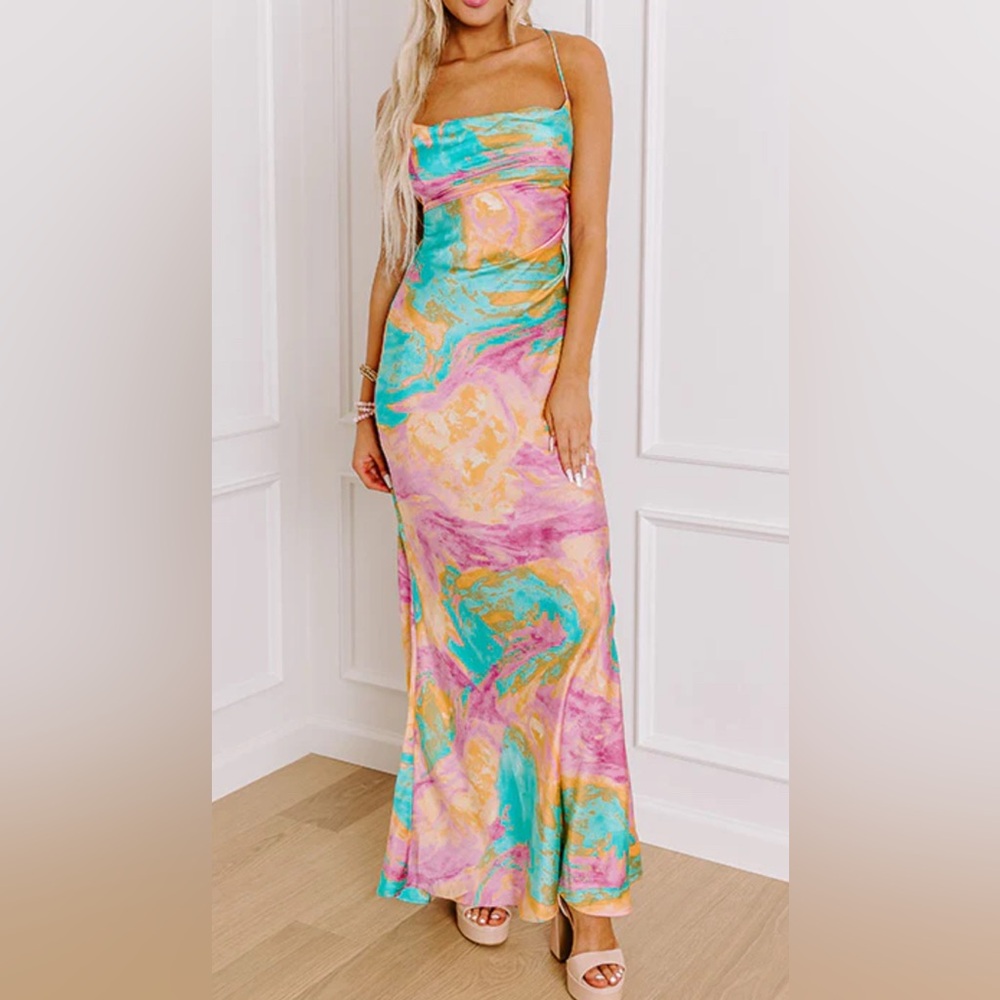 Sunset Sangria Satin Maxi Dress in Pink
